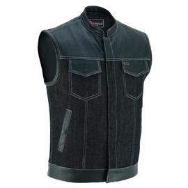 Vance Leather Men's Denim & Leather Motorcycle Vest with Dual Conceal Carry Pockets, SOA Biker Club Vest White Stitching, Snap & Zipper Closure (Black with White Stitching, X-Large)