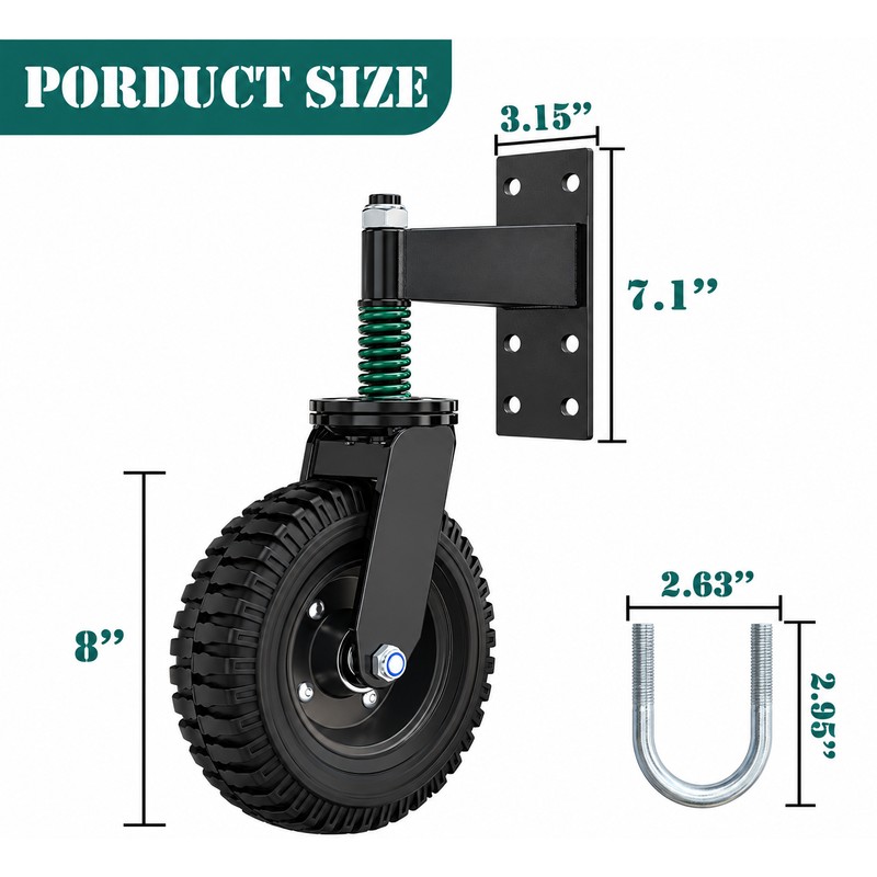 Heavy Duty 8-Inch Gate Support Wheel with Solid Rubber Roller,