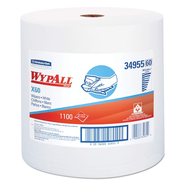 WypAll 34955 X60 Cloths, Jumbo Roll, White, 12 1/2 x 13 2/5, 1100 Towels/Roll