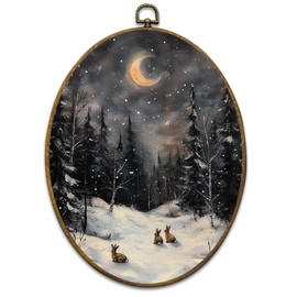 Mcehtle Winter Magical Forest Wall Art Decor, Rustic Winter Framed Canvas Prints 8.6x11.4, Snowy Cottagecore Wildlife Bunny Oval Wall Hanging Artwork Decorations for Home Bedroom Living Room