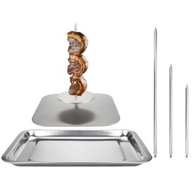 Stainless Steel Vertical Skewer for Barbecue Grill, For Tacos Al Pastor, Shawarma, Brazilian Churrasco, Removable Grilling Rack Meat Spit (With Bakeware)