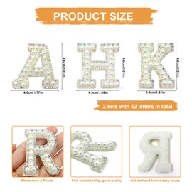 52Pcs Pearls Iron on Letter Patches A-Z, Embroidered Pearls Rhinestone English Letters, Iron Adhesive or Sew On Appliques for Clothing Jeans Caps
