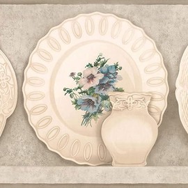 CONCORD WALLCOVERINGS ™ Wallpaper Border Vintage Pattern Plates Vases Floral Ornaments for Cottage Kitchen Dining Room, Beige, 15 ft by 9.5 in KT8552B