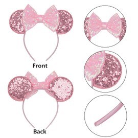 Croc Charms 2 Pcs Mouse Ears Headbands - Sequin Bow Mouse Ears Suitable for Daily Wear, Amusement Park Trips, Variety Holiday Parties, Role Play and Accessories (2 Pink)