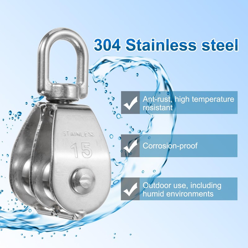 PATIKIL M15 Double Pulley Block, 2 Pack 304 Stainless Steel