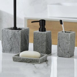OMEPAX Bathroom Accessories Set - Soap Dispenser, Toothbrush Holder, Soap Dish, Toilet Brush & Toilet Brush Holder - Stone Finish Bathroom Organizer - Grey Bathroom Accessories Set