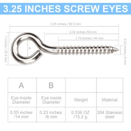 8 Pack 3.25 Inches Heavy Duty 304 Stainless Steel Eye Screws, Rust-Resistant Self Tapping Eyelet Screw in Eye Bolt for Wood, Securing Cables Wires, Indoor & Outdoor