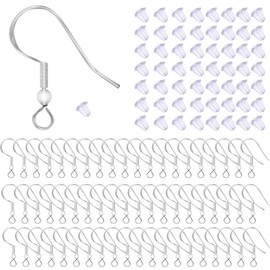 100 PCS/50 Pairs 925 Sterling Silver Earring Hooks Fish Hook Ear Wires French Wire Hooks Hypo-allergenic Jewelry Findings Earring Parts DIY Making With 100 PCS Clear Rubber Earring Safety Backs