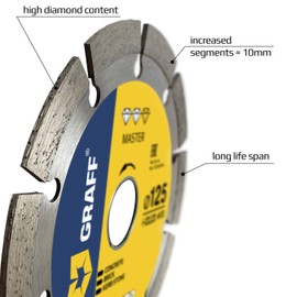 GRAFF Diamond Disc 125 mm for Stone, Reinforced Concrete, Granite, Concrete, Old Concrete - Professional Diamond Cutting Disc for Angle Grinder and Flex - Segment Height 10 mm