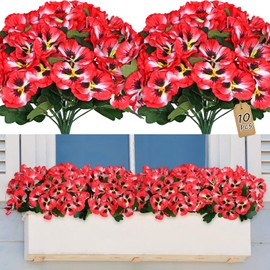 SOMYTING Artificial Pansies Flowers Outdoor 10 Bundles Faux Flowers UV Resistant Plastic Plants Artificial Silk Flowers for Front Porch Garden Window Box Hanging Planter Decoration (Red, 10PCS)