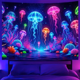 BlissYard Blacklight Jellyfish Tapestry UV Reactive Neon Jellyfish Wall Hanging Tapestry Glow in The Dark Fantasy Ocean Underwater Tapestry for Bedroom Party Backdrop Living Room 59 X 78 inch