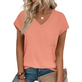 Womens Short Sleeve Tops V Neck Summer Outfits Cruise 2025 Solid Color T Shirts Tees Resort Wear Coral XL