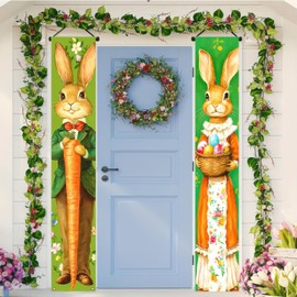 BlissYard 2PCS Happy Easter Bunny Porch Banner Sign, Eggs Carrot Front Door Decorative Hanging Banner Flag for Spring Theme Easter Rabbit Door Decoration 11x70 inch