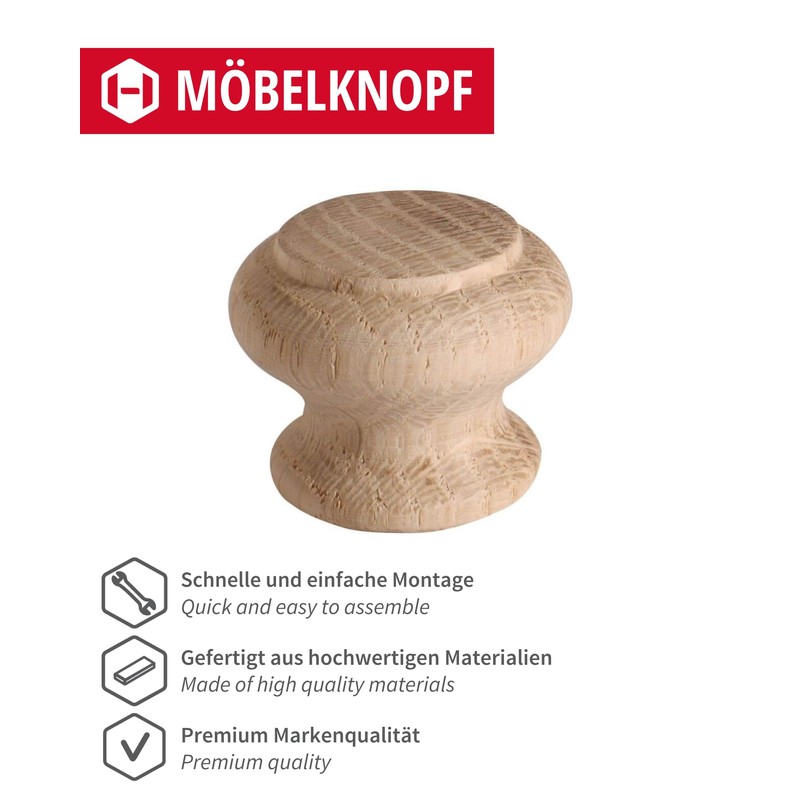 Gedotec Giovanni Wooden Furniture Knobs, Diameter: 35 mm, Pack of