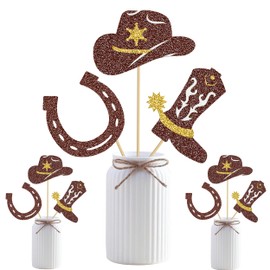 12pcs Cowboy Party Decorations Glitter Horseshoe Cowboy Hats Boots Centerpiece Sticks Western Centerpieces for Table Wild West Party Decorations for Rodeo Theme Birthday Supplies