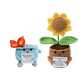 2PCS Emotional Support Dumpster Crochet Dumpster Fire Crochet Sunflower Handmade Knitting Ornaments with Positive Card for Christmas Desk Decor