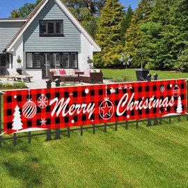 Fvviia Large Merry Christmas Banner Outdoor Red Grid Christmas Banner Indoor Hanging Decor Christmas Holidays Party Decor Yard Supplies (19.7 inch x 10 Feet)