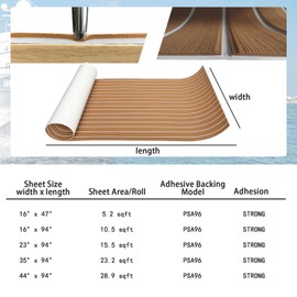 KXKZREN Boat Flooring EVA Foam Decking Sheet Faux Teak Marine Mat Marine Carpet Cooler Tops Non-Slip Self-Adhesive Flooring for Motorboat RV Yacht Kayak Swim Platform 94" x 47"/44"/35"/23"/16"