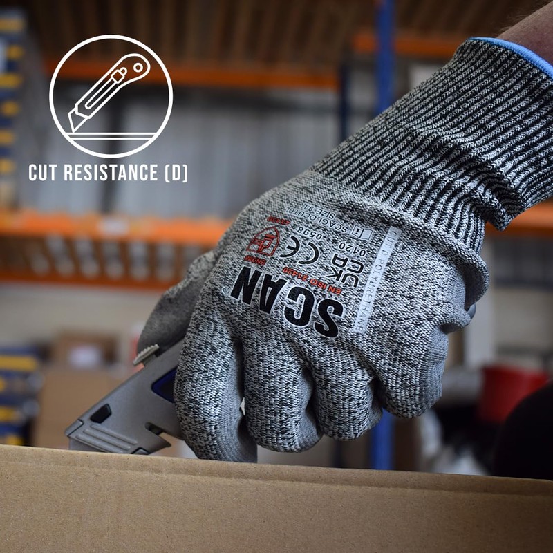 Scan Cut Resistant Level D Gloves, PU Palm, Conforms to