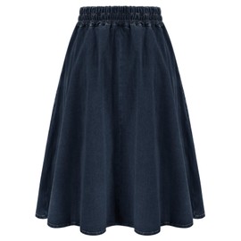 KANCY KOLE Women High Waisted Denim Skirt Midi Length Casual Jean Skirts Flared Summer Maxi Skirt with Pockets Dark Blue L