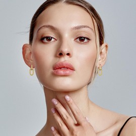 Gold Double Oval Huggie Hoop Earrings with Cubic Zirconia, Square Design, Women's Fashion Jewellery