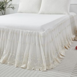 Brandream Shabby Luxury Lace Bed Skirt King Size Split Corners 18 Inch Drop Cream White Dust Ruffle Bed Skirts Cotton Unique Bedroom