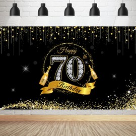 DOKLY Happy 70th Birthday Backdrop Banner 70th Birthday Party Decorative Backdrop, Black and Gold Birthday Banner Indoor Outdoor Photo Booth Props for Men Women Celebration (72.8 inches x 43.3 inches)