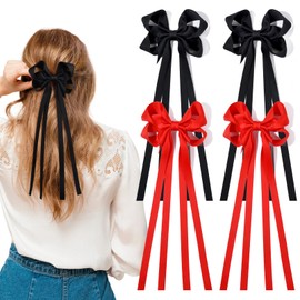 4 PCS Hair Bows Ribbon for Women Hair Clip Black Red Satin Bow with Long Tassel Hair Bow Accessories for Women Girls Toddlers Teens Kids