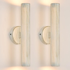 Hardwired Vintage Wall Sconce Set of Two, 3CCT Dimmable White Sweeping Gold Metal Sconces with Stainless Mesh Cylinder Shade Up and Down,Wall Lamp for Bedroom Hallway Study Office Living Room.