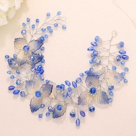 IYOU Bridal Wedding Hair Vine Blue Leaf Headband Crystals Guest Bride Bridesmaid Hair Accessories for Women