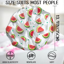 Zewurtuw Luxury Shower Cap Terry Cloth Lined EVA Waterproof Reusable Triple Layer Elastic Hair Bath Caps for Women Girls Cute (C18-Watermelon)