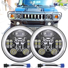 JESUO For 2003-2009 Hummer H2 Pair 7" inch Round LED Headlights High Low Beam DRL Lamp