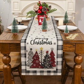 Camino de mesa de Navidad, decoración de árbol de Navidad, camino de feliz Navidad a cuadros de búfalo para mesa, decoración de invierno de temporada para interiores y exteriores (13 x 108 pulgadas)