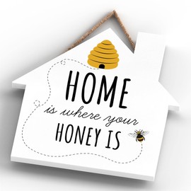 Global Designs Home Is Where Your Honey Is Bee Themed Decorative Wooden House Shaped Hanging Plaque