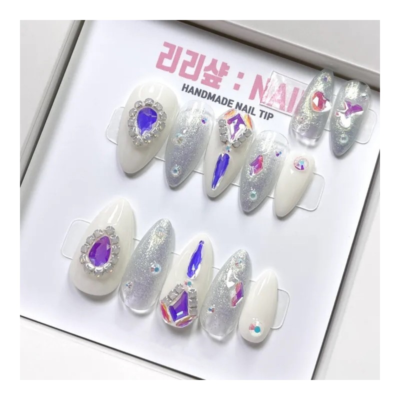 Ice Queen Full Stone Handmade Nail Tips - Black /