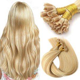 VINBAO U Tip Hair Extensions Human Hair, 50s 40g U Tip Human Hair Extensions, Highlight Blonde Mixed Bleach Blonde, K Tip Hair Extensions Pre Bonded Hair Nail 16inch U Tip #27P613