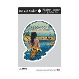 Die Cut Sticker Coos Bay, Oregon, Mermaid Japanese Woodblock, Contour Vinyl Sticker 3 to 6 inches, (Waterproof Decal for Cars, Water Bottles, Laptops, Coolers), Large