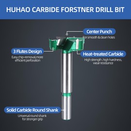 HUHAO Forstner Drill Bit 1-1/2 Inch,Triple Flute Carbide Forstner Bit, Wood Drilling Hole Saw Woodworking Hinge Cutter Tools for Hard Wood, Soft Wood,Plastic