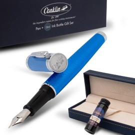 Conklin Herringbone Signature Fountain Pen Blue Medium Nib + Free 15ml Ink Bottle – Executive Luxury Gift for Writers, Professionals, Collectors
