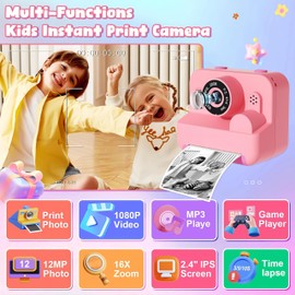 Seckton Kids Camera Instant Print - Dual Camera Photo 1080P HD Video, Birthday for Boys and Girls, Toddler Digital Camera with 3 Print Paper, Portable Toys for Kids 3-12 (Pink)