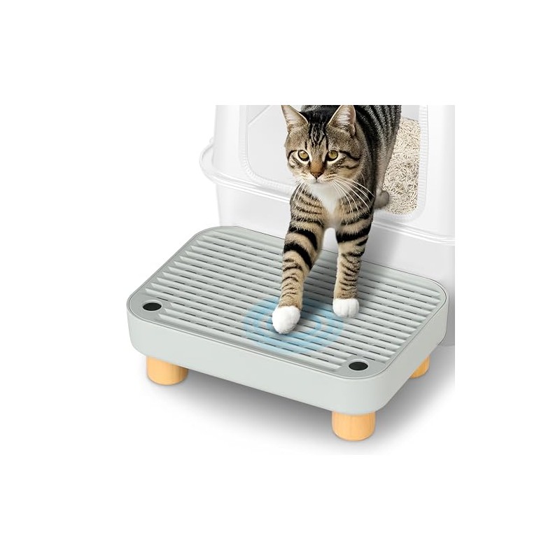 Litter Box Step, Litter Box Ramp/Catcher with Wooden Base, Anti-Tracking