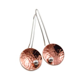 Hammered Copper and 925 Silver Threader Circle Drop Earrings Handmade Jewellery