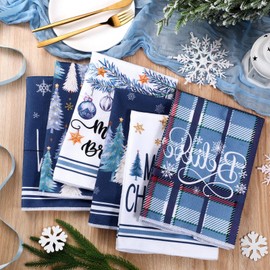 Oudain 6 Pcs Christmas Kitchen Towels Blue Plaid Xmas Tree Tea Dishtowels Decorative Winter Bathroom Hand Towels Farmhouse Blue Christmas Decorations for Kitchen Bath Housewarming Home Gifts