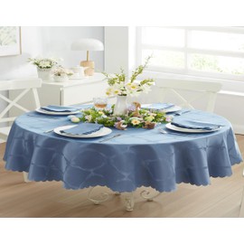 Newbridge Oval Fabric Tablecloth, 60 x 102 Inch, Summer Ribbons and Bows Damask, Wrinkle and Stain Resistant Fabric Table Cloth for Parties Picnics Barbecues and Fine Dining, Blue