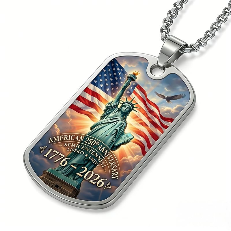 GuoShuang American 250th Anniversary Dog Tag Pendant Necklace, Silver Stainless