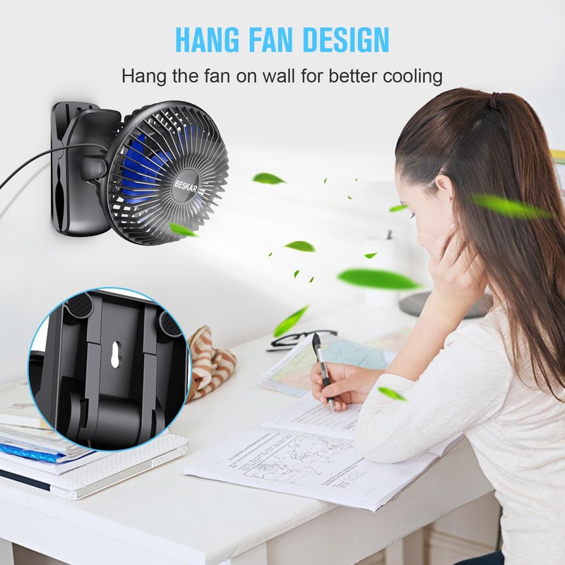 BESKAR USB Clip on Fan, Portable Small Fan with Cord