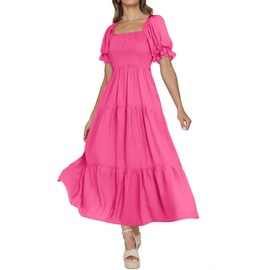 PRETTYGARDEN Square Neck Puff Sleeve Summer Dresses for Women 2024 Wedding Guest Dress Smocked Top Tiered Maxi Easter Dress (Rose Red,Medium)