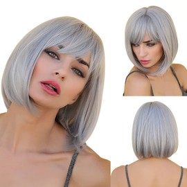 VAIRETY Gray Bob Wig With Bangs, 12 inch Short Straight Grey Wigs for Women Synthetic Wavy Wigs for Daily Party