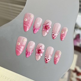 Flower Press on Nails Medium Almond Handmade 3D Water Ripple Pearl False Nails with Designs Luxury Handmade on Nails Floral Embossed French Tip Fake Nails Art Glossy Thick Acrylic Nails (Size S)
