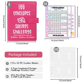 100 Envelopes Money Saving Challenge, Cash Budget Planner A5 Binder, Savings Challenges Book Organizer Folder, with 3 Tracker to Save $5,050 and $2,600, 300, 100 Pre-numbered Pockets, Hot Pink
